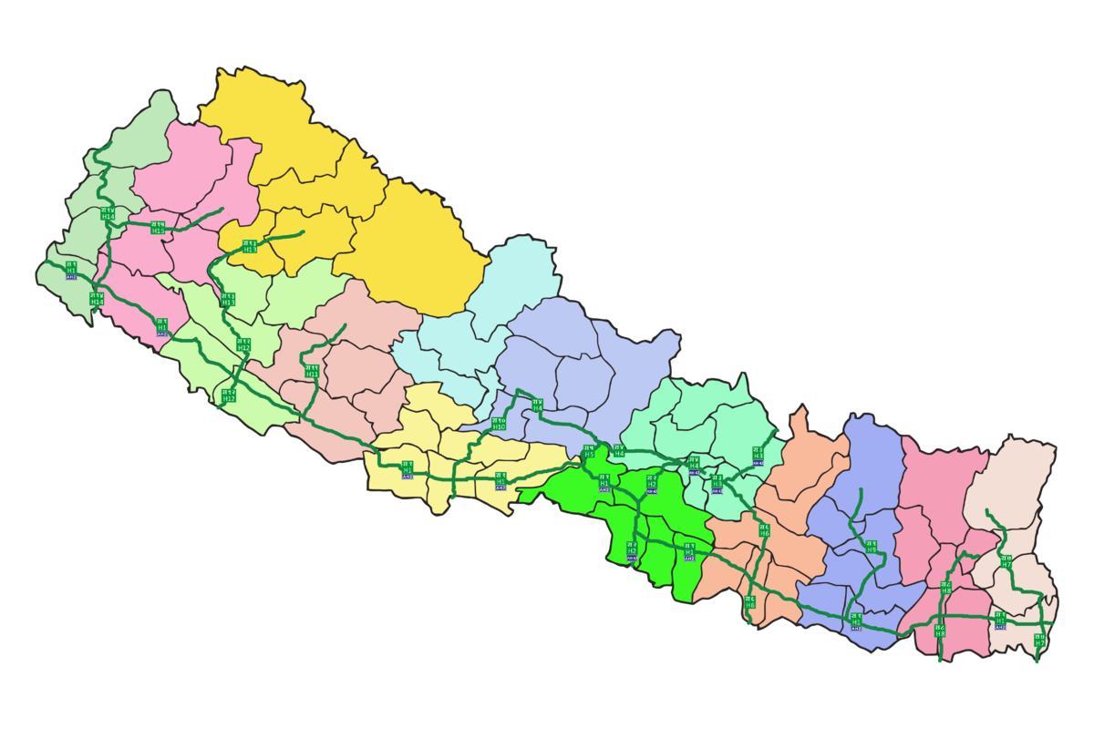 નકશો નેપાળ સાથે મુખ્ય હાઇવે