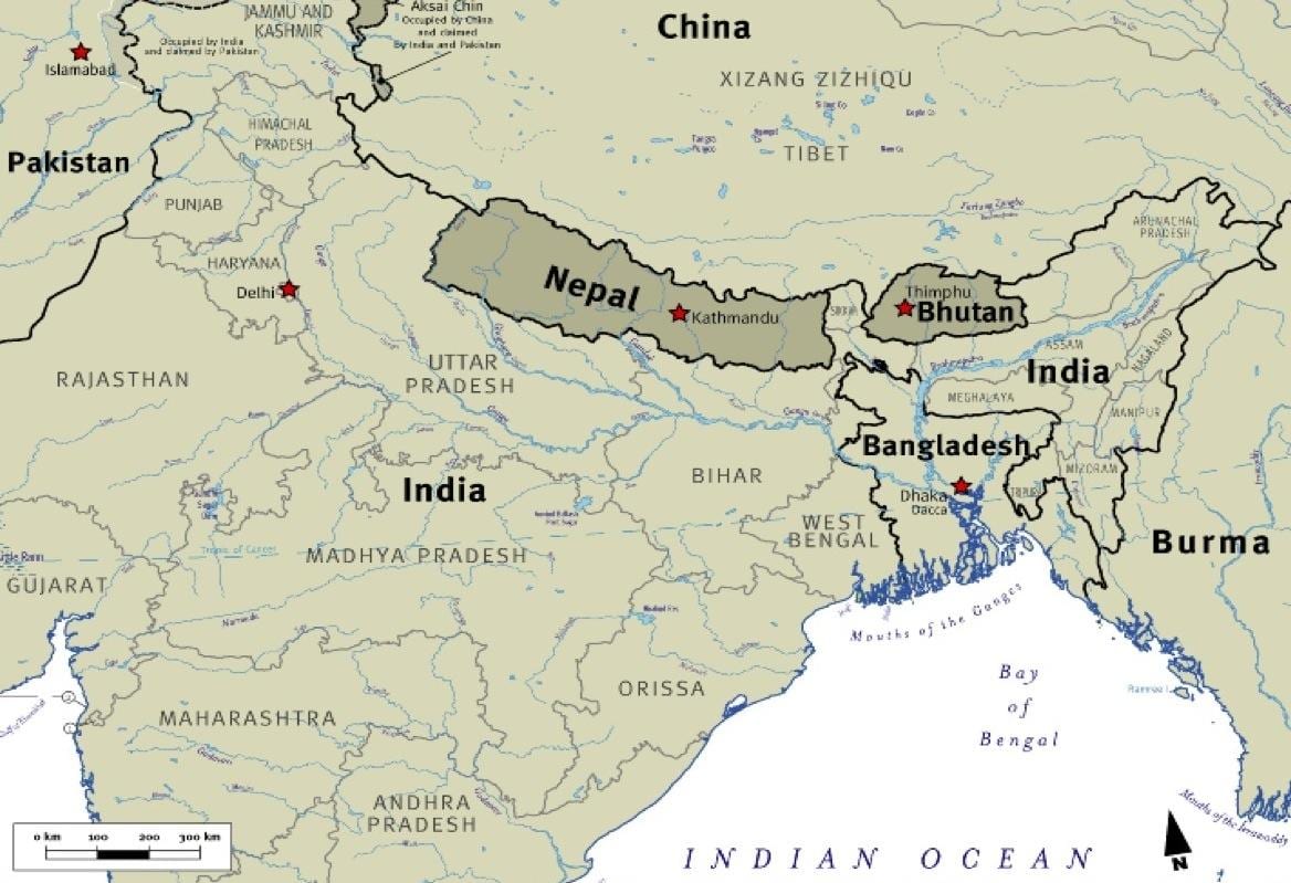 નકશો ભુતાન, નેપાળ અને તિબેટ